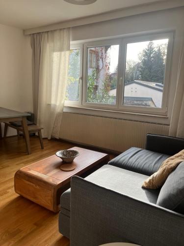 a living room with a couch and a table and a window at Studios Harrachgasse FIVE in Graz