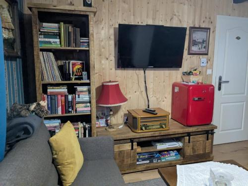 a living room with a television and a table with a lamp at Altes Häusle am Waschbach-Weinstock in Edenkoben
