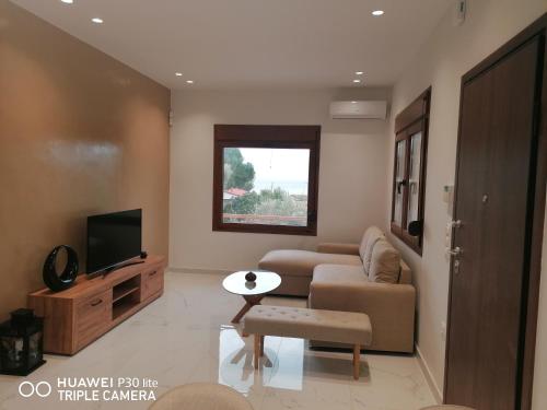 ein Wohnzimmer mit Sofa und Fernseher in der Unterkunft Villa Anastasia 1ος Όροφος Εξοχικής Παραθαλάσσιας Κατοικίας Νέα Ηράκλεια Χαλκιδικής in Nea Iraklia