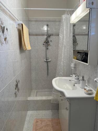 ein weißes Badezimmer mit Waschbecken und Dusche in der Unterkunft Le Prata in Miranda