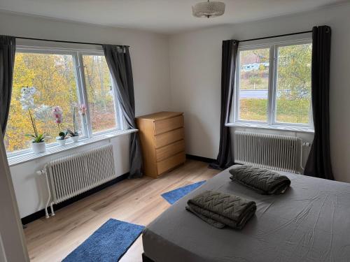 a bedroom with a bed and two windows at Naturnära boende i Kosta in Kosta
