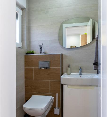 a bathroom with a white toilet and a mirror at Villa Mine Blagaj in Blagaj