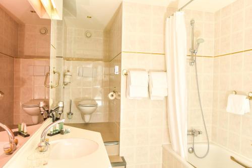 ein Bad mit einem Waschbecken, einer Dusche und einem WC in der Unterkunft Hotel Noordzee in Katwijk