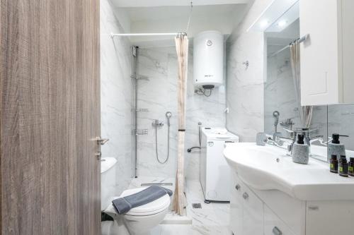 a bathroom with a shower and a toilet and a sink at Spyridoula House in Corfu