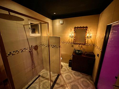 ein Badezimmer mit Dusche, Waschbecken und Spiegel in der Unterkunft Wellness Tuin - Ultieme Partner Beleving - Privé Wellness Vakantiehuis met Privé Jacuzzi in Privé tuin, Privé Indoor Sauna en Privé Indoor Stoomcabine in Koloniale Stijl - Gratis Fles Prosecco & Leuke Partner Connect Box ! in Horst