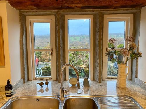 Il comprend une cuisine avec un évier et 3 fenêtres. dans l'établissement Woodlea Cottage, à Moffat