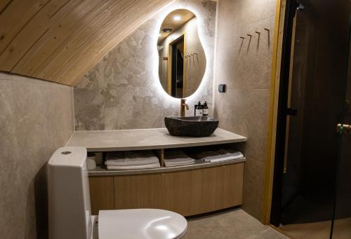 a bathroom with a sink and a mirror at Vaattunki Wilderness Resort in Rovaniemi