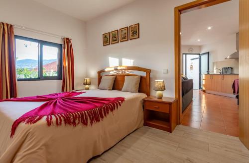 a bedroom with a large bed and a large window at Terrace Villa with Sea View in Santa Luzia