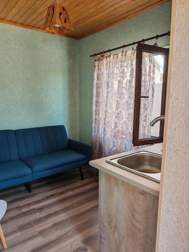 a bathroom with a sink and a blue couch at Zeyva Farm House in Zeyva
