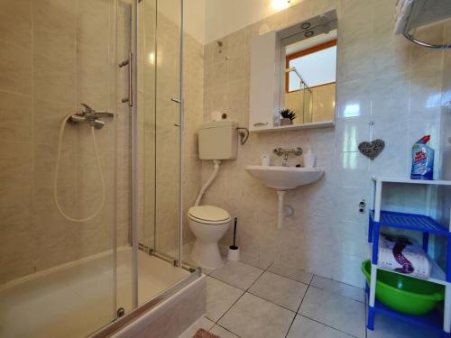 een badkamer met douche, toilet en wastafel bij Robinson Lenka in Selca kod Bogomolja