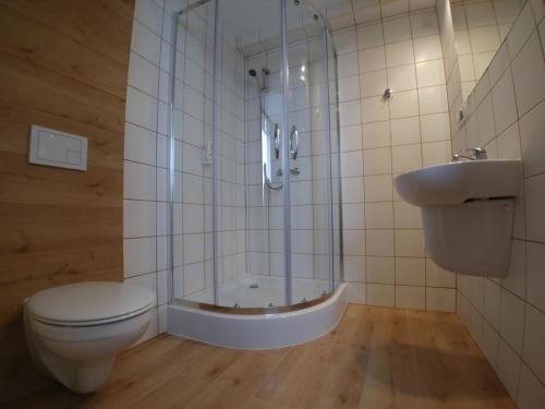 a bathroom with a shower and a toilet and a sink at ARGENTIA noclegi in Dzierżoniów