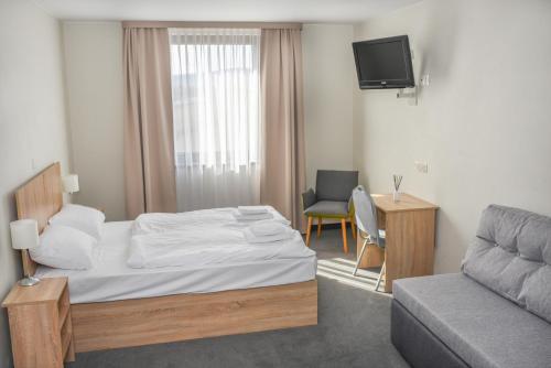 a bedroom with a bed and a tv and a couch at ARGENTIA noclegi in Dzierżoniów
