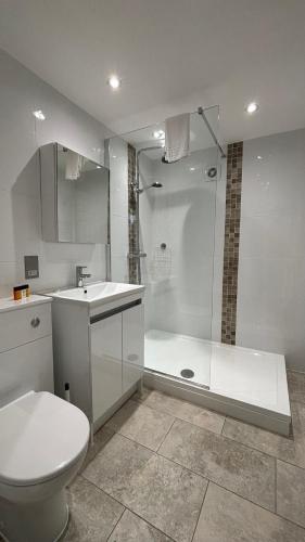 a bathroom with a shower and a toilet and a sink at Le Friquet Hotel in Castel