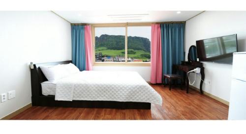 a bedroom with a bed and a television and a window at Seongsanpo love Pension in Seogwipo