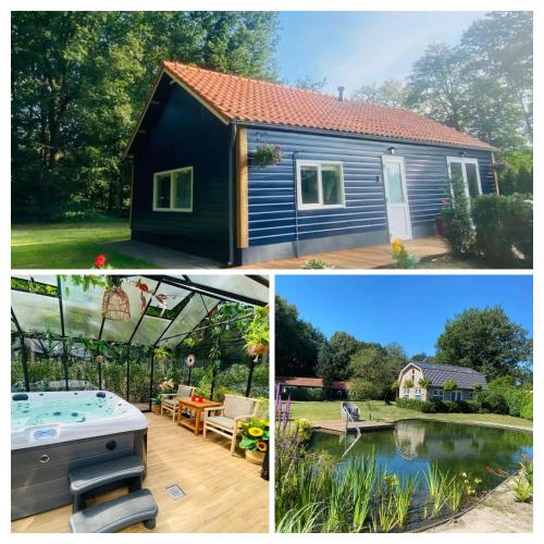 two pictures of a tiny house and a backyard at Morning Glory, huisje Forest in Beekbergen