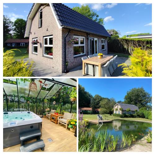 a collage of pictures of a house and a pool at Morning Glory Huisje Salvia in Beekbergen