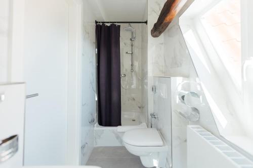 リューネブルクにあるHotel Scheffler Lüneburgのトイレとシャワー付きの白いバスルーム