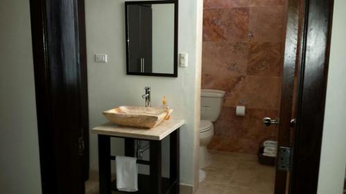 a bathroom with a sink and a toilet at Premier Hotel Suites in Ciudad Obregón