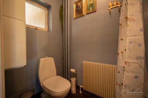 a bathroom with a toilet and a radiator at FeWo Lille Lægehus in Hjørring
