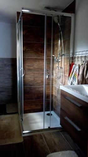 a shower with a glass door in a bathroom at Chalupa Aja in Čierny Blh
