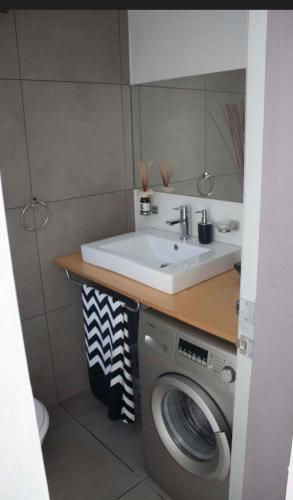 a bathroom with a sink and a washing machine at Modern designer loft with solar in Honeydew