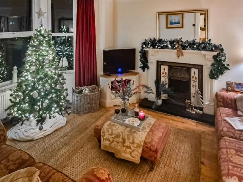 a living room with a christmas tree and a fireplace at Captain's House in Morfa Nefyn