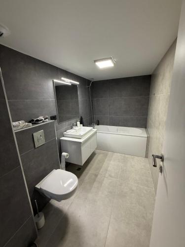 a bathroom with a sink and a toilet and a tub at Royal Loft Residence in Târgu Jiu