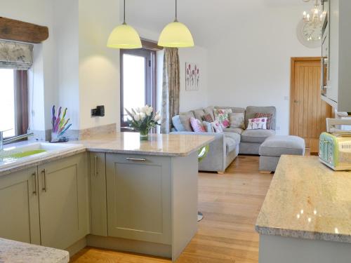 a kitchen and living room with a couch at Swallows Retreat in Hartland