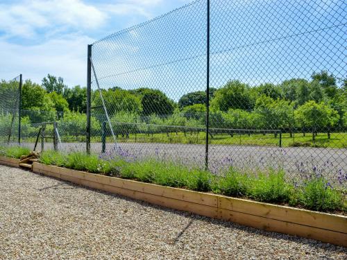 a fence with purple flowers in front of a field at Deer Cottage 1 Uk39330 in Biddenden