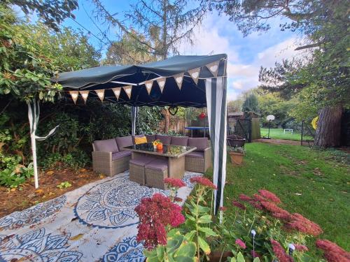 a patio with a blue umbrella and a couch and a table at CABIN in hosts huge garden CHILD FRIENDLY with Hens Kittens firepit Marshmallows in Charing