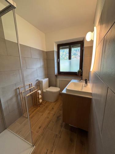 een badkamer met toilet, wastafel en douche bij Haus Elisabeth in Sankt Martin bei Lofer