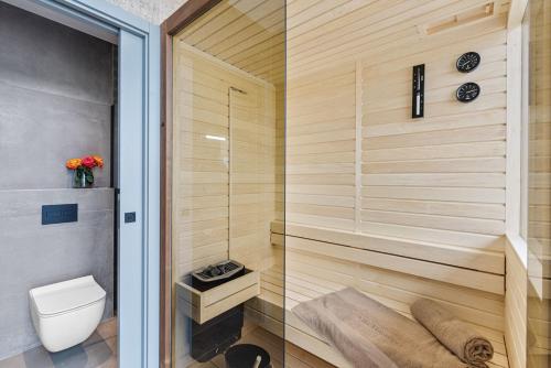 a bathroom with a shower and a toilet at Villa Visignano with private pool, BBQ and jacuzzi in Strpačići