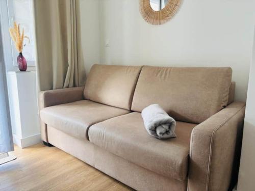 モエラン・シュル・メールにあるHavre de paix en bord de plageのタオルが敷かれた茶色のソファ