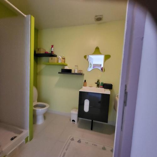 a small bathroom with a toilet and a sink at Au petit chai des Morinauds in Brives-sur-Charente