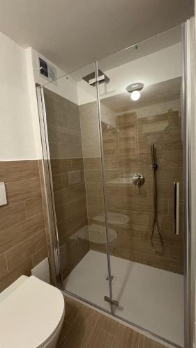 a bathroom with a shower with a toilet at L'Atelier du Temps - Voicing House in Courmayeur