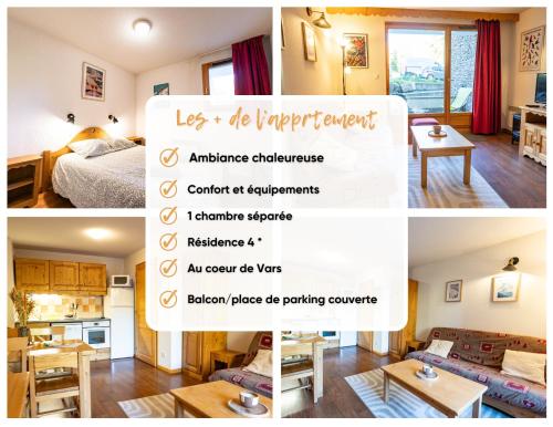 a collage of pictures of a bedroom and a living room at Bel Appartement lumineux au coeur de la station de Vars in Vars