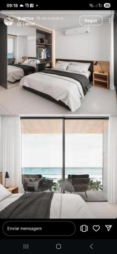 two images of a bedroom with a bed and a window at Porto 2 Life Resort in Porto De Galinhas