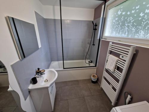 a bathroom with a shower and a sink and a tub at Spacieux 3 chambres Tout équipé in Feignies