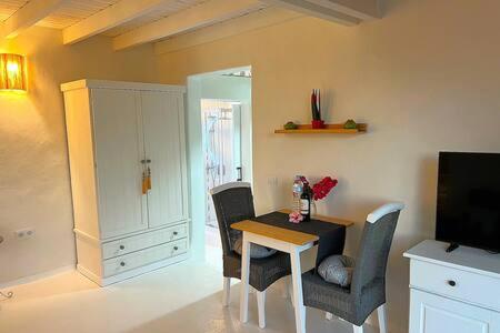 a dining room with a table and chairs and a tv at Estudio Cactus in Tías