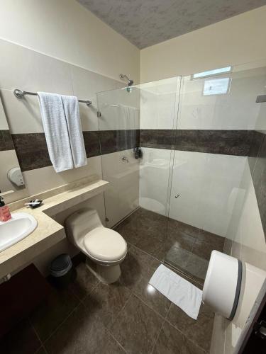 a bathroom with a shower and a toilet and a sink at Hotel Fratello in Buga