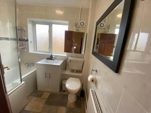 a bathroom with a toilet and a sink and a mirror at Modern-privateGarden-Family-20MinToLDN in Stevenage