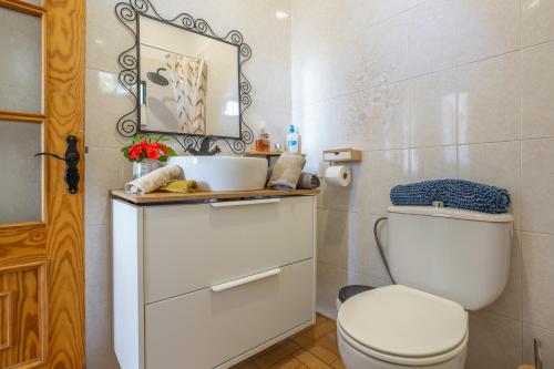 a bathroom with a white toilet and a mirror at Finca Rural House El Pajal Relax in Santa Úrsula