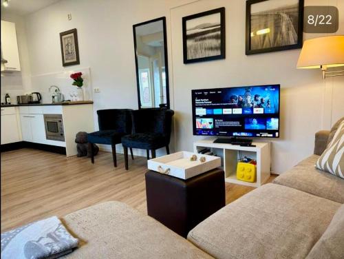 a living room with a couch and a flat screen tv at Lovely Apartment Wassenaar 6P in Wassenaar