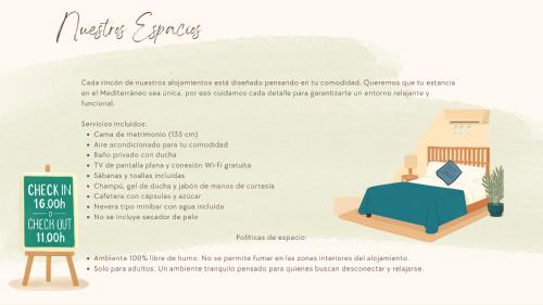 Un folleto publicitario de una residencia de ancianos con cama y pizarra. en La Parcela, en Peñíscola