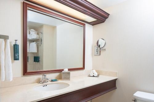 un bagno con un lavandino e un grande specchio di The Marc Hotel a Milwaukee