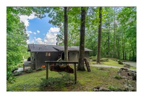 Come relax in the mountains of Otto NC في Otto: كوخ في الغابة مع طاولة أمامه