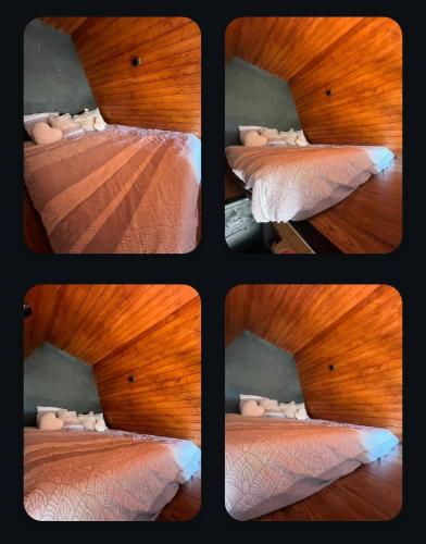 four different pictures of a bed in a room at le moodeng in Villampuy