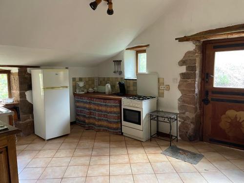 een keuken met een witte koelkast en een fornuis bij Gîte des Monts in Saint-Izaire