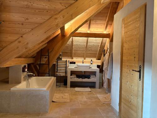 a bathroom with a sink and a bath tub at Hôtel Le Prieuré - Pra Loup 1500 in Pra-Loup