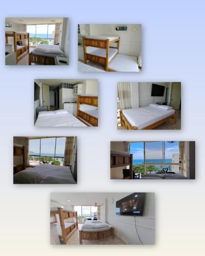 a collage of four pictures of different rooms at apartaestudios luna azul rodadero in Gaira